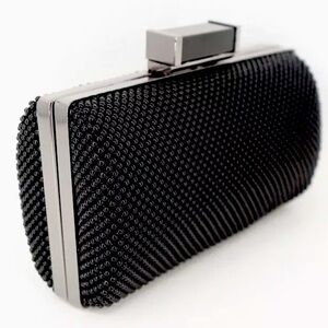 Jessica McClintock Platinum Black Elegant Ball Mesh Clutch w/Drop-In Chain Strap